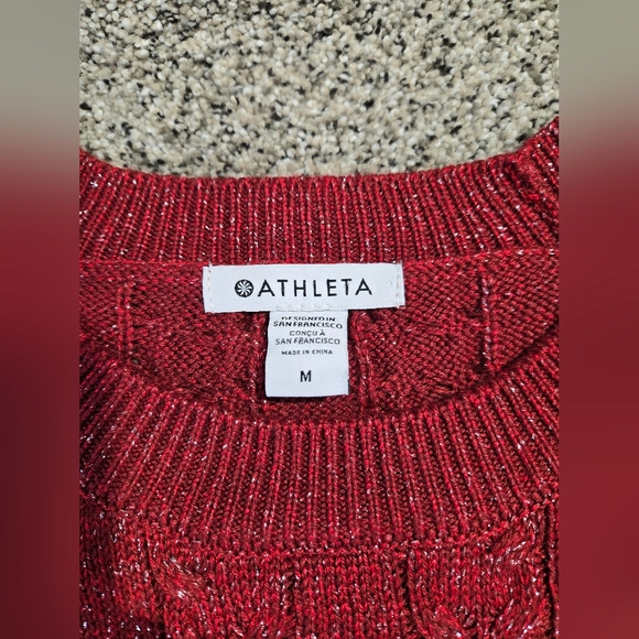 Athleta Crossroads Crew Sweater Red Cable Knit w/ Silver Flecks Womens Size Med - Picture 3 of 10